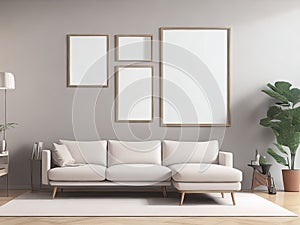 Living room wall with a mock poster frame. Modern background with a luxurious apartment.