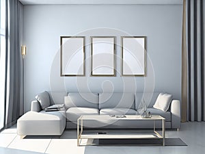 Living room wall with a mock poster frame. Modern background with a luxurious apartment.