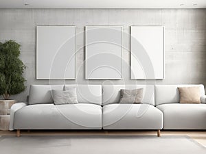 Living room wall with a mock poster frame. Modern background with a luxurious apartment.