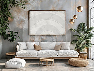 Living room wall poster mockup. Interior mockup with home background,. Minimalist home with cozy interior design