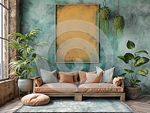 Living room wall poster mockup. Interior mockup with home background,. Minimalist home with cozy interior design