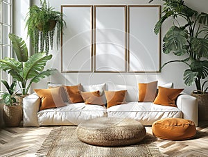 Living room wall poster mockup. Interior mockup with home background,. Minimalist home with cozy interior design