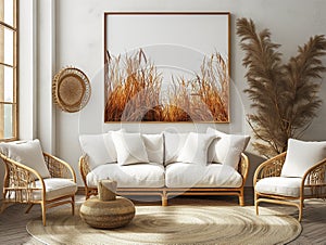 Living room wall poster mockup. Interior mockup with home background,. Minimalist home with cozy interior design