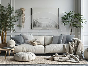 Living room wall poster mockup. Interior mockup with home background,. Minimalist home with cozy interior design