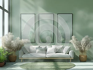 Living room wall poster mockup. Interior mockup with home background,. Minimalist home with cozy interior design