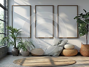 Living room wall poster mockup. Interior mockup with home background,. Minimalist home with cozy interior design