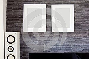 Living room wall with two empty frames and loudspeaker