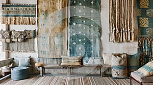 The living room walls are adorned with a collection of handwoven tapestries in shades of turquoise aqua and sandy beige