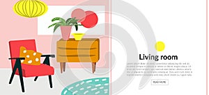Living room web site banner. furniture vector illustration. modern interior design.