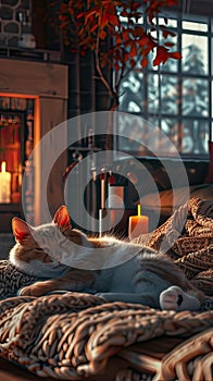 a living room, where a crackling fireplace bathed in candlelight radiates warmth, with a photorealistic cat lounging on