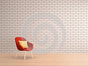 Living room white bricks wall with red armchair