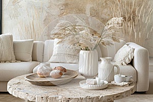 Living room in white colours with freshly baked goods on the table