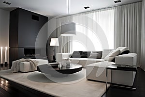 a living room with a white couch and a black coffee table in front of a window with white drapes on the windowsills photo