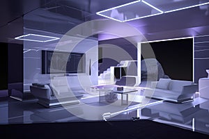 A living room with white furniture and a flat screen tv. AI generative image
