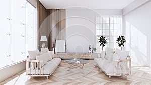 Living room with white sofa on zen interior design. 3D rendering