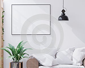 Living room on the white wall background, minimal style ,frame form mock up -