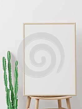 Living room on the white wall background, tree and frame on the chair, minimal style ,frame form mock up