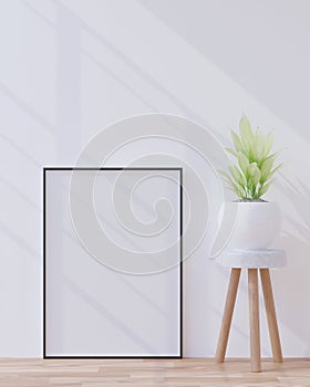 Living room on the white wall background, tree and frame on the floor, minimal style ,frame form mock up