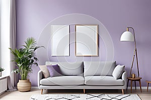 A living room with a white wall and a purple couch