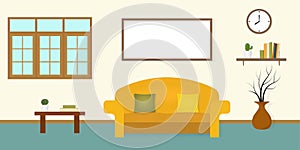 Living room with window, sofa, pillows, empty picture frame, wall clock, table, cactus, bookshelf, books and a vase with dry twigs