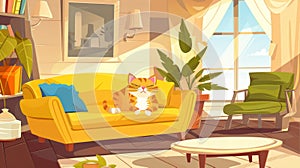 A living room with yellow couch, yellow armchair, and funny tabby kitten rubbing against pillow on sofa. Modern cartoon