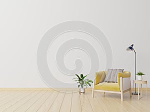 Living room with yellow fabric armchair, book and plants on empty white wall background