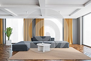 Living room with yellow and grey design, sofa with carpet and big windows