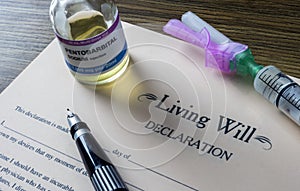 Living will declaration form Next to a vial of pentobarbital sodium to proceed to euthanasia