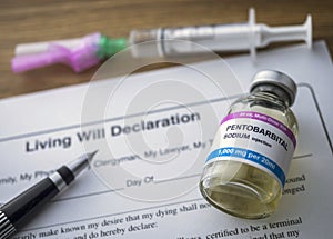 Living will declaration form Next to a vial of pentobarbital sodium to proceed to euthanasia