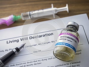 Living will declaration form Next to a vial of pentobarbital sodium to proceed to euthanasia