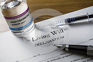 Living will declaration form Next to a vial of pentobarbital sodium to proceed to euthanasia