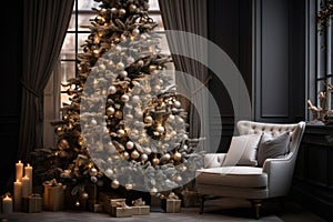Living winter christmas holiday tree interior gift home background fireplace design room decorated