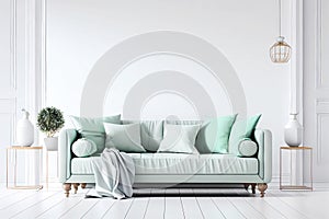 Livingroom with empty white wall mockup. Generative ai