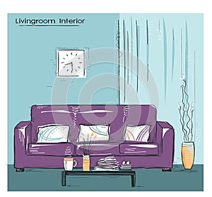 Livingroom interior place with couch.Hand drawn color sketch