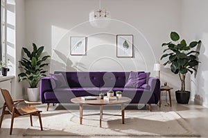 Livingroom interior wall mock up with violet velvet sofa, plant in vase and coffee table on empty white background. ing.