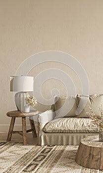 Livingroom scandinavian boho style. Mock up poster frame in modern interior background. 3d rendering illustration. High