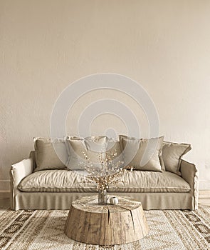 Livingroom scandinavian boho style. Mock up poster frame in modern interior background. 3d rendering illustration. High