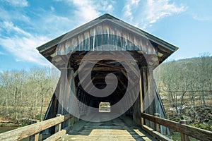 Livingston Manor, NY / United States - April 19, 2020: A view of the entrance to the Livingston Manor Covered Bridge