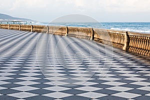 Livorno, Italy. Famous Mascagni Terrace - Terrazza Mascagni - with chess geometry pattern pavement