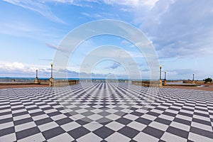 Livorno, Italy. Famous Mascagni Terrace - Terrazza Mascagni - with chess geometry pattern pavement