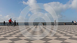 The beautiful Terrazza Mascagni in the Tuscan city of Livorno, Italy. The Terrazza is a checkered floor belvedere facing the sea.