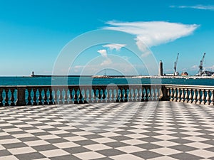 Livorno& x27; s Mascagni Terrace, Lighthouse and Cranes in Background photo