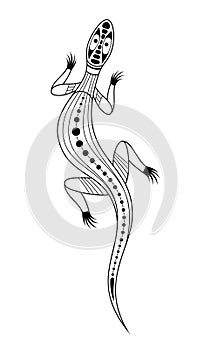 Lizard. Aboriginal art style. Vector monochrome illustration isolated on white background