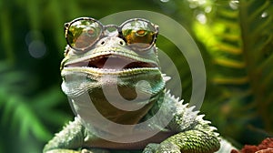 lizard animal glasses reptile green close-up iguana wildlife portrait scale. Generative AI.