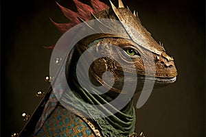 Lizard animal portrait dressed as a warrior fighter or combatant soldier concept. Ai generated