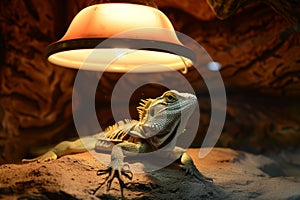 lizard basking under a lamp in a vivarium