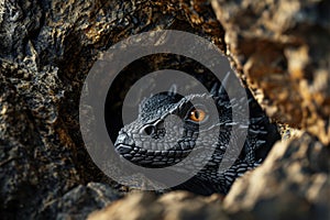 a lizard in a hole in rocks