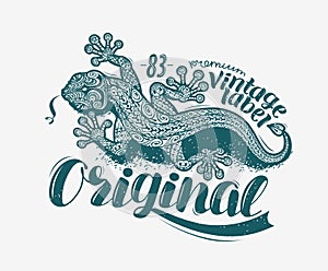 Lizard label t-shirt design. Vintage animal vector illustration