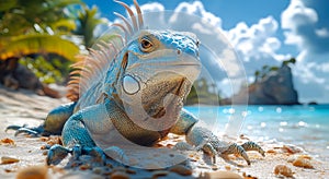 A lizard is laying on the beach, looking at the camera