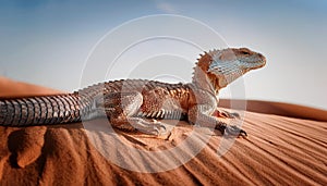 A lizard is laying on the sand, looking at the camera